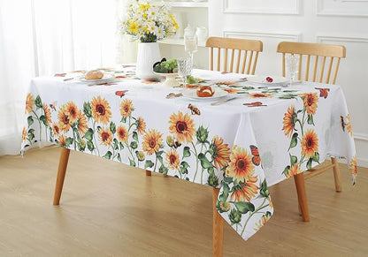 SASTYBALE Sunflower Tablecloth, White, 52x70 Inch Rectangle | Reusable, Spill Proof Wrinkle Resistant Dustproof Table Cloth for Garden Party, BBQ, Picnic Indoor Outdoor Dining