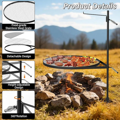 24" Fire Pit Grill w/304 Stainless Steel Grate, Grill Tray | Swivel Grill Grate, Portable Carry Bag, Height Adjustable, Easy Setup, Perfect for Hiking, Picnics & Family BBQs