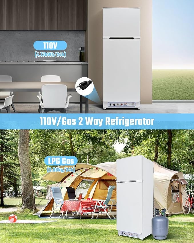 Propane Refrigerator with Freezer 13.5 Cu.Ft, Off Grid Gas Fridge, 110v/LPG Dual Power, RV Refrigerator for Outdoor Truck Camper Kitchen, White