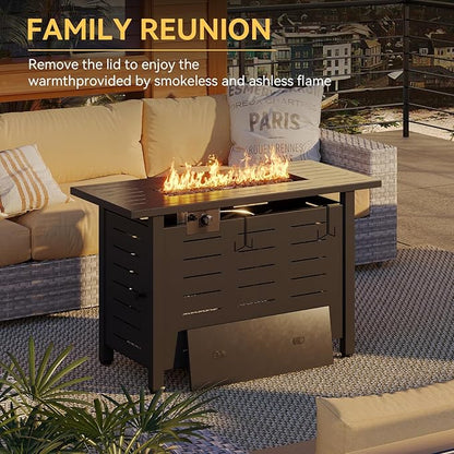 Aoxun 40 Inch Outdoor Propane Fire Pit - 50,000 BTU Gas Fire Pit Table with Lava Rocks, Patio Heater Rectangle Fire Table with Removable Lid & Waterproof Cover for Deck, Backyard, Garden, Black