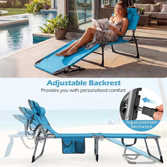 Goplus Tanning Chair, Folding Beach Lounge Chair with Face &Arm Hole, Position Adjustable,Removable Pillow,Side Pocket, Sunbathing Chair, Portable Outdoor Lounge Chair for Patio Pool