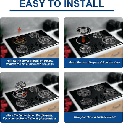 W10290350 W10290353 Black Porcelain Drip Pans and MP22YA Electric Stove Burner Element Set Replacement for Amana Whirlpool Electric Stove, Replace W10288051 Drip Pans by Fetechmate