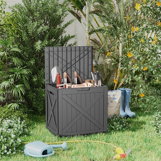 Vixzen 32 Gallon Deck Boxes Outdoor Waterproof, Lockable Outdoor Storage Bench for Patio Cushions, Garden Tools, Pool Supplies (Black, 32 Gallon)