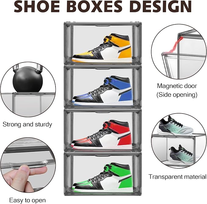 12 Pack Black Acrylic Shoe Boxes, Space-Saving Everyday Sneaker Storage | Size 12, SPACE-SAVING STACKABLE DESIGN – Build upward to organize shoes while using less closet, shelf or floor space.