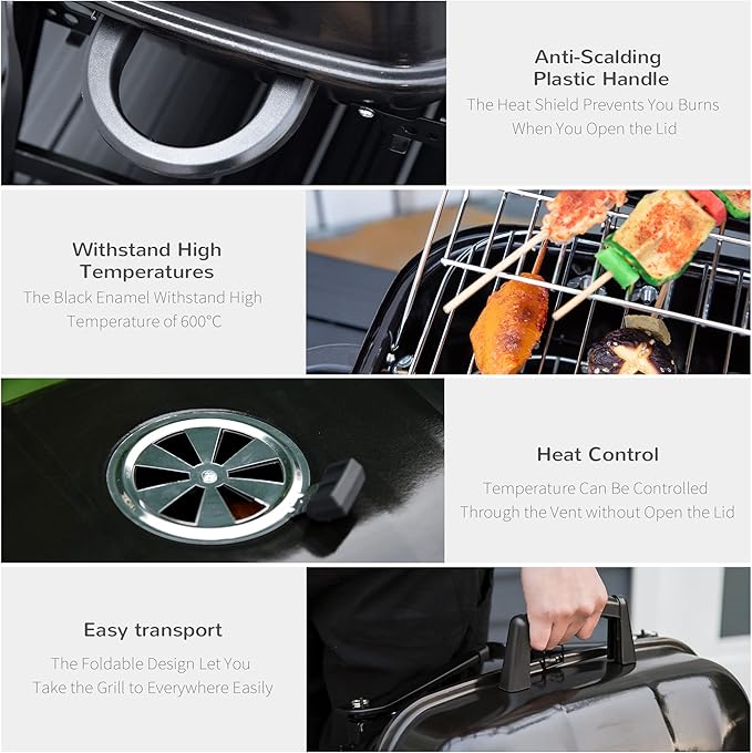 14" Portable Charcoal Grill Tabletop Small BBQ Grill for Outdoor Cooking Camping Tailgating Enamel Coated Vent Folding Legs Black