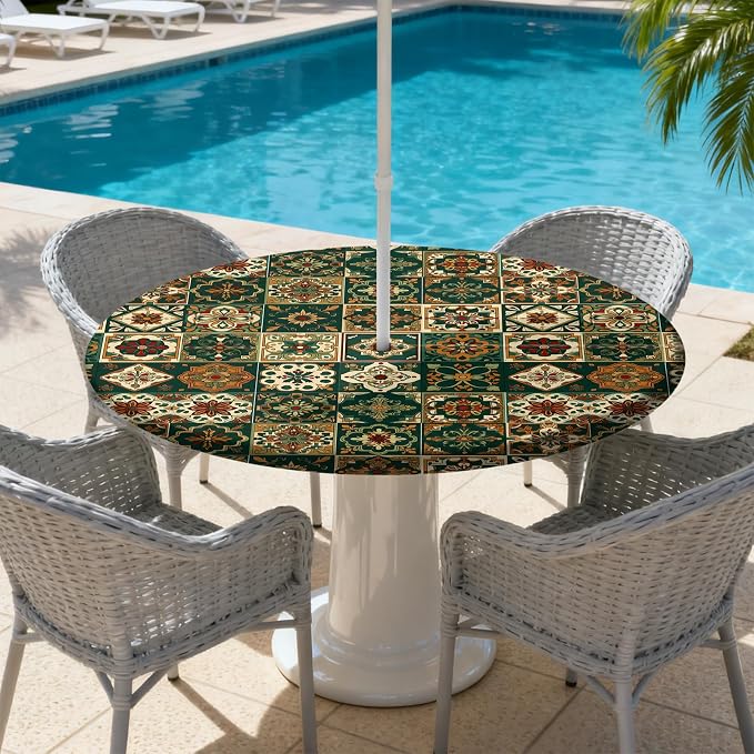 Outdoor Tablecloth with Umbrella Hole and Zipper Fits 37-44" Tables | Waterproof Round Fitted Tablecloth with Elastic Edge, Wipeable Outdoor Table Cover for Patio, Garden, Picnic
