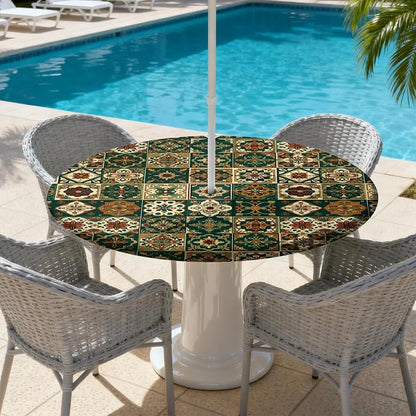 Outdoor Tablecloth with Umbrella Hole and Zipper Fits 37-44" Tables | Waterproof Round Fitted Tablecloth with Elastic Edge, Wipeable Outdoor Table Cover for Patio, Garden, Picnic