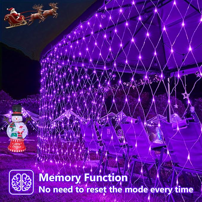 QITONG Purple Net Lights Outdoor Mesh Lights, 360 LED 12ft x 5ft Christmas Net Light with 8 Modes, Clear Wire Bush Light Plug in