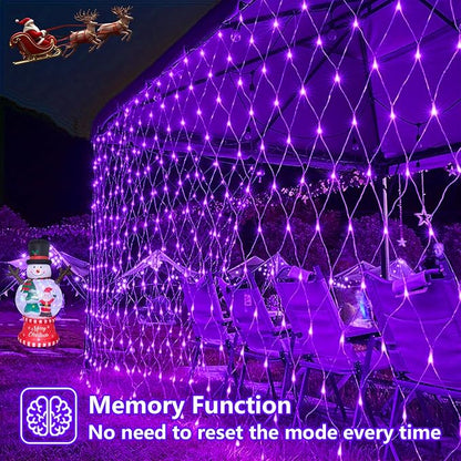 QITONG Purple Net Lights Outdoor Mesh Lights, 360 LED 12ft x 5ft Christmas Net Light with 8 Modes, Clear Wire Bush Light Plug in