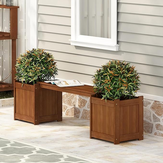 Furinno TIOMAN Planter Box with Bench, Hardwood Flower Box with Seat, Cube Garden Box, in Teak Oil, Outdoor Indoor, Garden, Patio, Balcony, Light Wood