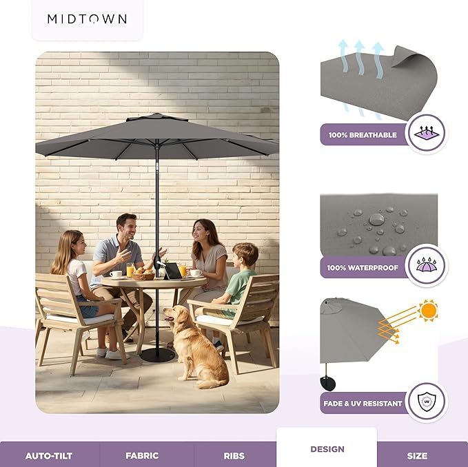 Midtown Umbrellas 10-Year-No-Fade - 9 Ft - UV Proof Charcoal Grey Polyester Fabric - Umbrella Outdoor Patio, Auto-Tilt Aluminum Frame Patio Umbrella for Garden, Pool & Deck - Black Pole