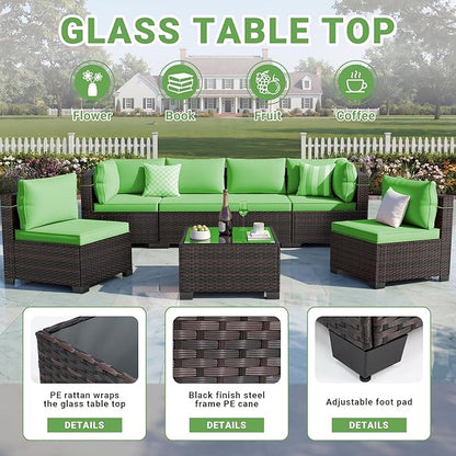 LAWELL 7 Pieces Outdoor Patio Furniture Sets,Rattan Conversation Sectional Set,Manual Weaving Wicker Patio Sofa with Tea Table
