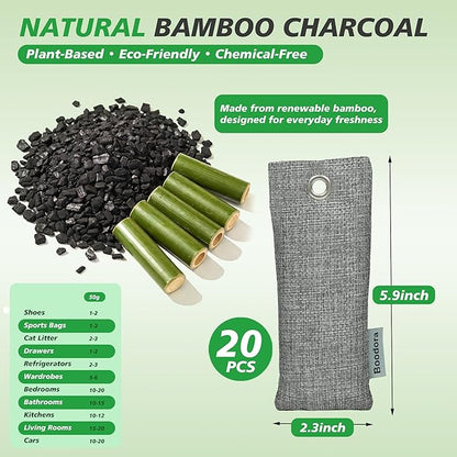 Activated Charcoal Bags Air Purifying 20 Pack, Bamboo Charcoal Odor Absorber for Shoes Closet Drawer Car, 50g Gray, Natural Odor Neutralizer, Moisture Absorber, Reusable up to 2 Years