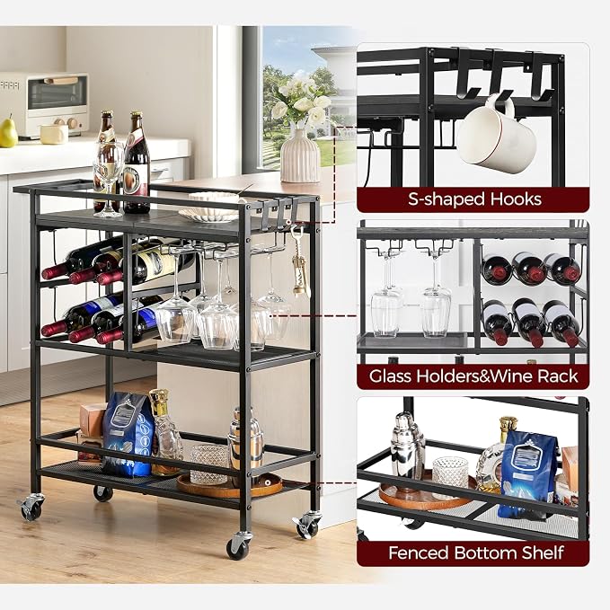 MAHANCRIS Bar Cart for Home, 3-Tier Serving Cart with Wheels and Handle, Beverage Cart with Wine Rack and Glass Holders, Rolling Wine Cart for Kitchen, Dining Room, Charcoal Gray and Black RCHT6101