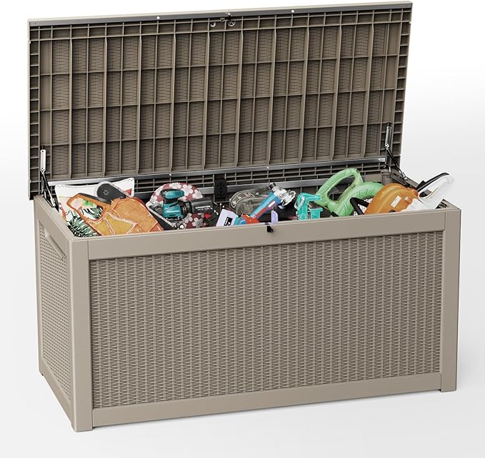 320 Gallon Large Outdoor Storage Box Waterproof, UV Resistant Resin Deck Box with Hydraulic Rod for Patio Furniture,Garden Tools,Cushions, Easy to Install（Grey）