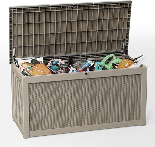 Pepe Tee Waterproof Resin Deck Box, Outdoor Storage Bin for Patio Furniture Cushions, All-Weather Garden Organizer & Seating Bench, Coffee