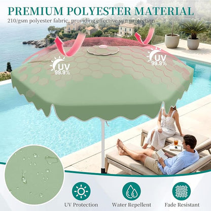 AreShark 7.5FT Outdoor Patio Umbrella with Wavy Trim (Sage Green) | Market Table Umbrellas w/ 6 Sturdy Ribs, Crank & Tilt, White Pole, Pool Umbrella with UV-Fade Resistant Fabric, Heavy Frame