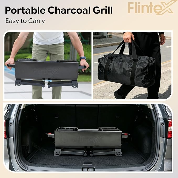 Flintex 2 in 1 Portable Porcelain Enameled Charcoal Grill with Rotisserie, Motorized Electric Spit, Foldable BBQ Grill, 262 sq.in, Height Adjustable for Camping Tailgating