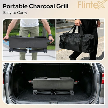 Flintex 2 in 1 Portable Porcelain Enameled Charcoal Grill with Rotisserie, Motorized Electric Spit, Foldable BBQ Grill, 262 sq.in, Height Adjustable for Camping Tailgating