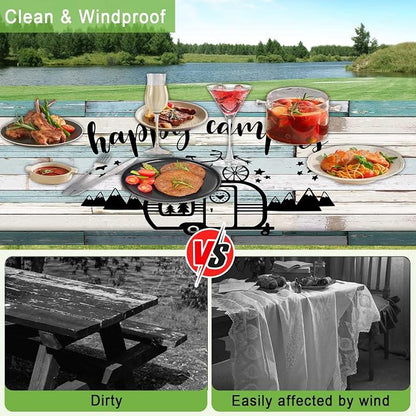 JAWO Camper Picnic Table Cover with Bench Covers 3 Piece Set, Vintage Wooden Camper Pine Tree Camping Elastic Fitted Picnic Tablecloth Outdoor Camping Patio Picnic Table, 30X96 inch