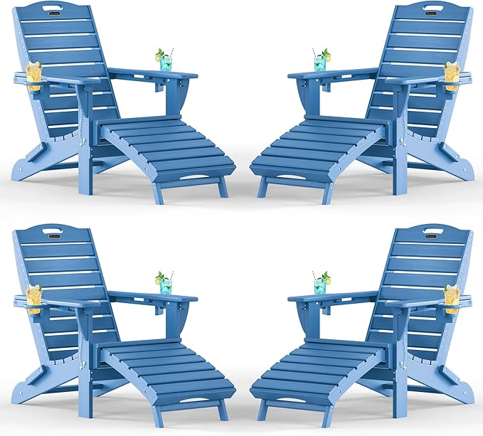 Adjustable Adirondack Chairs Set of 4 with Retractable Ottoman, HDPE Folding Adirondack Chair with Cup Holders, Weather Resistant for Backyard, Poolside & Fire Pit(Navy Blue)