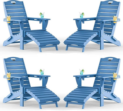 Adjustable Adirondack Chairs Set of 4 with Retractable Ottoman, HDPE Folding Adirondack Chair with Cup Holders, Weather Resistant for Backyard, Poolside & Fire Pit(Navy Blue)