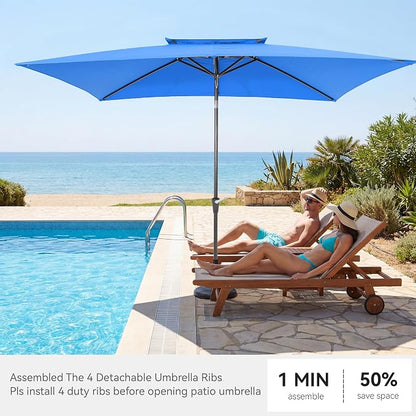 6.6 x 10 ft Rectangular Patio Umbrella, Outdoor Market Table Umbrella with Push Button Tilt and Crank, Double-Tier Vent, 6 Ribs, Rectangle Patio Umbrella for Backyard, Deck, Pool, Fits 4–6 Chairs and Tables (Blue)