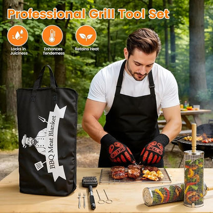 Pro BBQ Grill Tool Set 6-Piece - Stainless Steel Barbecue Accessories Kit with Heat Resistant Gloves, Meat Resting Blanket, Apron, 2 Grill Baskets & Cleaning Brush for Outdoor Camping Gifts