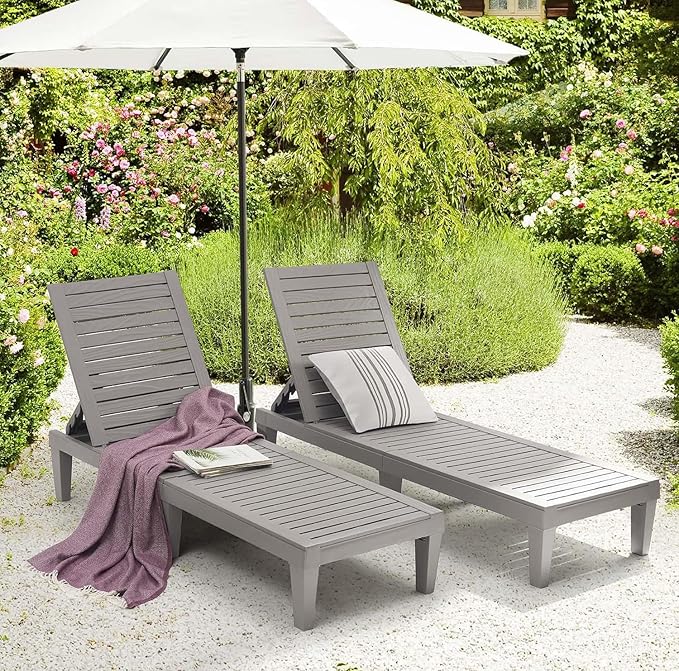 Nestl Sun Tanning Chair - Light Grey Chaise Lounge Chair Outdoor, Lightweight Pool Lounge Chairs Set of 2, Adjustable 5-Position Reclining Lawn Chair, Waterproof Beach Outdoor Lounge Chairs