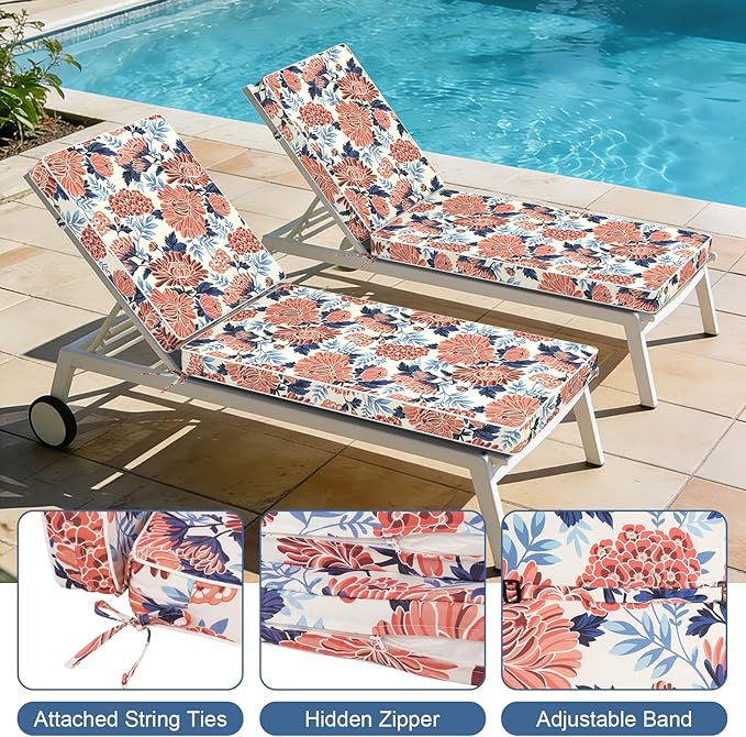 LVTXIII Outdoor Chaise Lounge Cushion 72x21x3 Inch, Water-Repellent Patio Seat Cushion with Ties & Hidden Zipper, Thick Foam Pad for Lawn Chair, Poolside, Patio Furniture, Vibrant Blossom