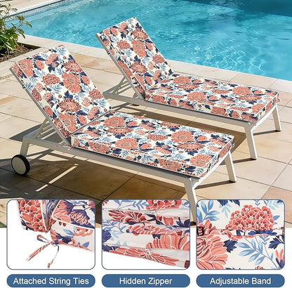 LVTXIII Outdoor Chaise Lounge Cushion 72x21x3 Inch, Water-Repellent Patio Seat Cushion with Ties & Hidden Zipper, Thick Foam Pad for Lawn Chair, Poolside, Patio Furniture, Vibrant Blossom
