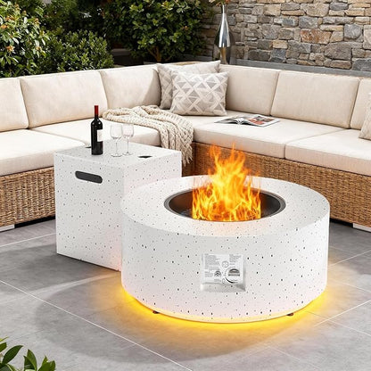 2-Piece Outdoor Propane Fire Pit Table Set w Tank Side Table 30'' Round Fire Pit Table 2-in-1 Firepit Table for Outside Gas Fire Pit w 304 Stainless Steel Burner 50,000 BTU, Speckled White w Warm LED