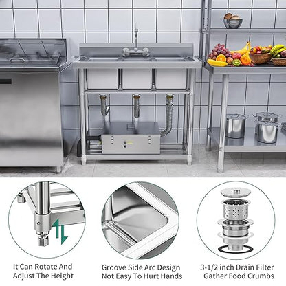 YITAHOME Freestanding Commercial 3 Bay Kitchen Under bar Sink NSF Stainless Steel 3 Compartment Bowl Outdoor Sink with Storage Shelve, Backsplash for Restaurant, Food Truck & Home (39"x 18"x 37")