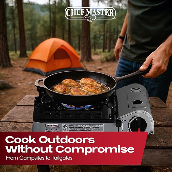 Chef Master 15,000 BTU Butane Portable Camp Stove + 4x 8oz Butane Canisters | Double Wind-Guard Portable Stove Burner w/Piezo Ignition for Emergencies, Tailgating, Hiking & Camping Essentials - 90019