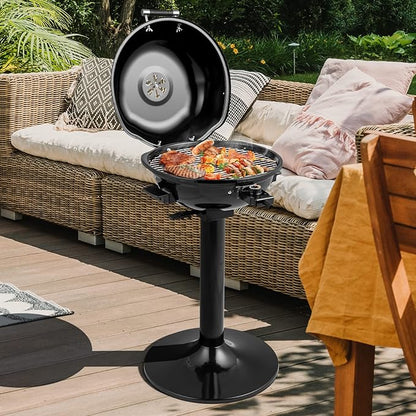 COSTWAY Electric BBQ Grill, Portable Grill with Metal Cooking Grilling Rack, Detachable Temperature Control & Removable Grease Collector, Outdoor Freestanding Grill for Camping &Tailgating (Black)