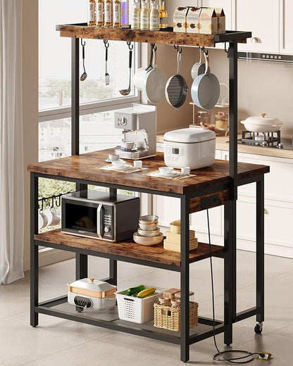 CHOEZON Kitchen Island with Power Outlet, Kitchen Island Table with Folding Top, Stationary Storage Islands, Coffee Bar with Outlets and USB Ports, for Dining Room, Rustic Brown and Black TZD01UBF