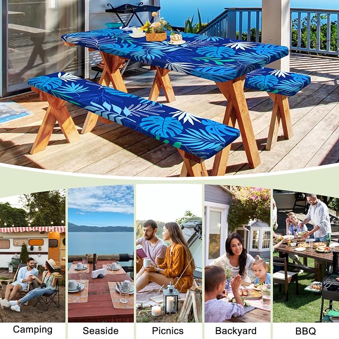 Picnic Table and Bench Cover Set, Waterproof Fitted Elastic Cloth | Portable Camping Essentials With Built-In Storage Pocket And Waterproof Fabric For Outdoor RV Or Picnic Table Use