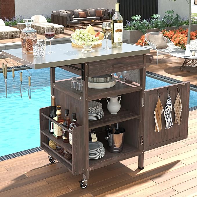 YOPTO 40.5" Outdoor Grill Cart,100% Fir Wood,Stainless Steel Top,Drop Leaf,Lockable Wheels,Towel Rack,Drawer,Rolling Kitchen Cart for Lawn & Garden,Brown