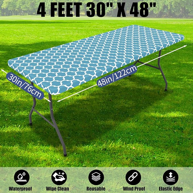 Smiry 2 Pack Rectangle Table Cloth 4 Foot, Waterproof Elastic Fitted Tablecloths, Windproof Washable Polyester Table Cover for Picnic, Camping, Outdoor (Light Blue, 30"x48")