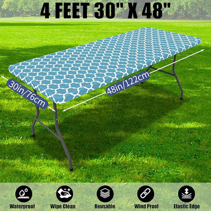 Smiry 2 Pack Rectangle Table Cloth 4 Foot, Waterproof Elastic Fitted Tablecloths, Windproof Washable Polyester Table Cover for Picnic, Camping, Outdoor (Light Blue, 30"x48")