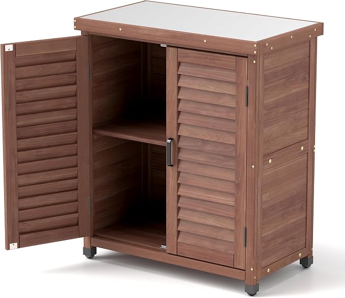 KEIKI Potting Bench with Storage Cabinet and Metal Table Top for Outdoor Patio Weatherproof Garden Workstation