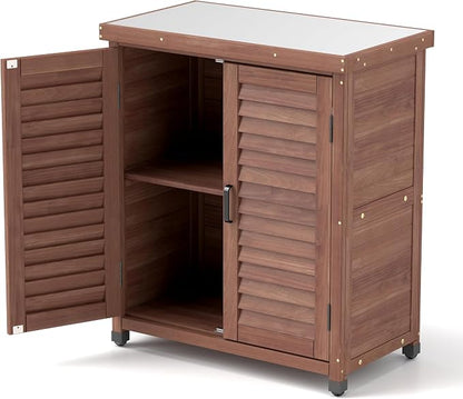 KEIKI Potting Bench with Storage Cabinet and Metal Table Top for Outdoor Patio Weatherproof Garden Workstation