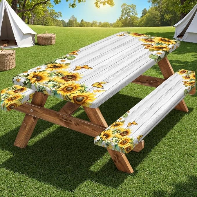 Picnic Table Cover with Bench Covers Elastic Edges, White Wooden Sunflower Butterfly Fitted Table Cover, Outdoor Patio Camping Essentials 3PCS, Waterproof Camping Tablecloth with Drawstring Bag 96in