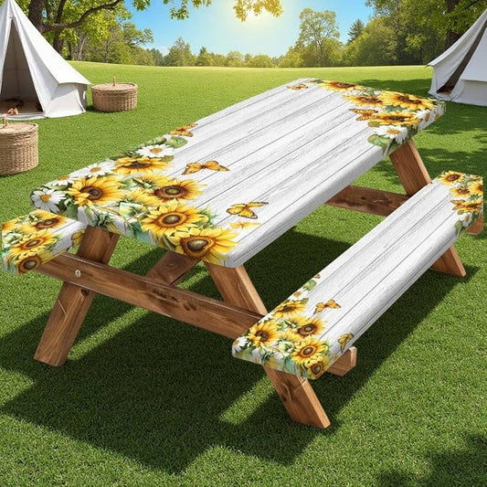 Picnic Table Cover with Bench Covers Elastic Edges, White Wooden Sunflower Butterfly Fitted Table Cover, Outdoor Patio Camping Essentials 3PCS, Waterproof Camping Tablecloth with Drawstring Bag 96in