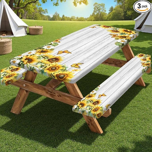 Picnic Table Cover with Bench Covers Elastic Edges, White Wooden Sunflower Butterfly Fitted Table Cover, Outdoor Patio Camping Essentials 3PCS, Waterproof Camping Tablecloth with Drawstring Bag 72in