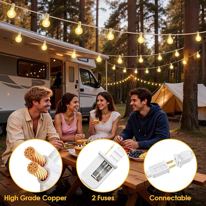 Mlambert 50FT(2x25FT) G40 LED Plug-in Outdoor String Lights 22 Bulbs, White | Plug-in Waterproof Patio Porch Lights for Backyard Party Decor, Connectable, Dimmer not included, Warm White