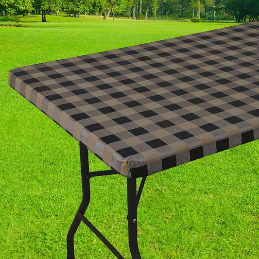 Smiry Rectangle Picnic Table Cloth, Elastic Waterproof Fitted Vinyl Tablecloths, Flannel Backed Buffalo Plaid Table Covers for Dining, Camping, Outdoor (Black and Khaki, 30" x 96")