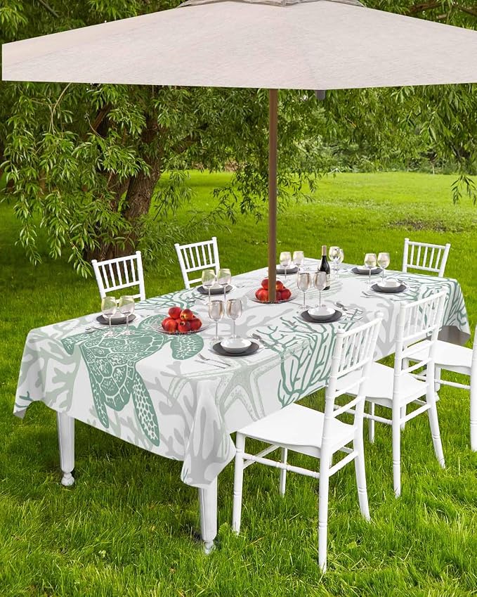 Sage Green Coastal Outdoor Tablecloth - 52x70 Inch Rectangle Waterproof Dining Table Cover, Sea Turtle Nautical Coral Beach Starfish Outdoor Table Cloth with Umbrella Hole&Zipper for Patio