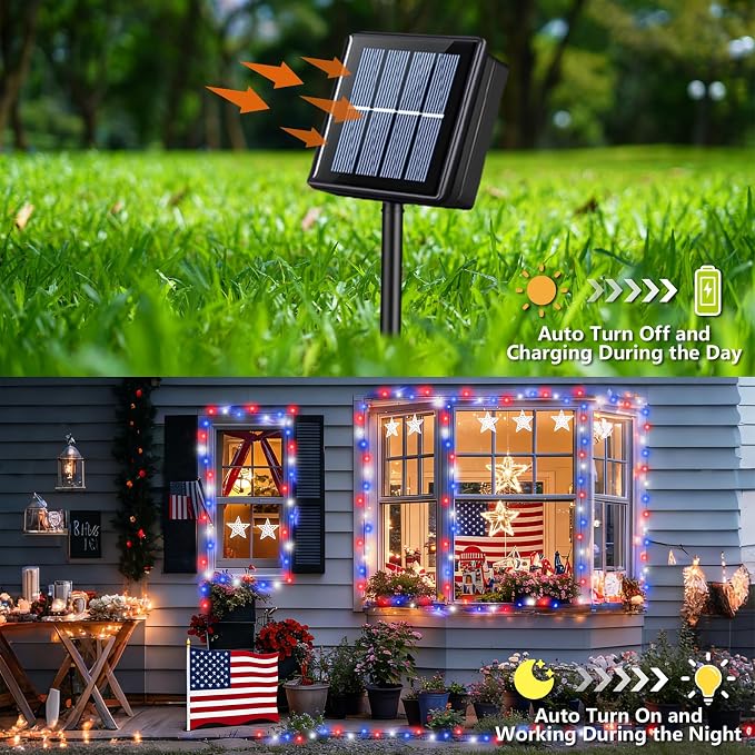 YEGUO Solar String Lights Outdoor Waterproof, 2 Packs Each 33ft 100 LED Red White Blue Lights, 8 Modes 4th of July Lights for Independence Memorial Day Decor