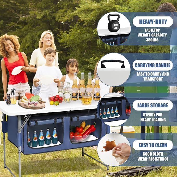 Camp Field 4ft Foldable Camping Table with Built-in Storage Organizer, Adjustable Height Heavy Duty Portable Camp Kitchen Table, Multi-Purpose Folding Table for BBQ, Tailgate, Beach, Camping...